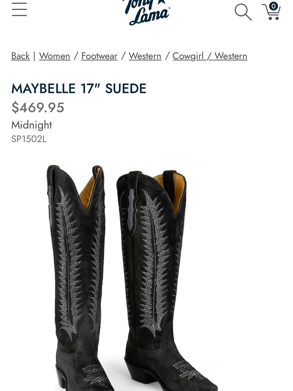 Tony Lama Black Suede Over-the-Knee Western Boots